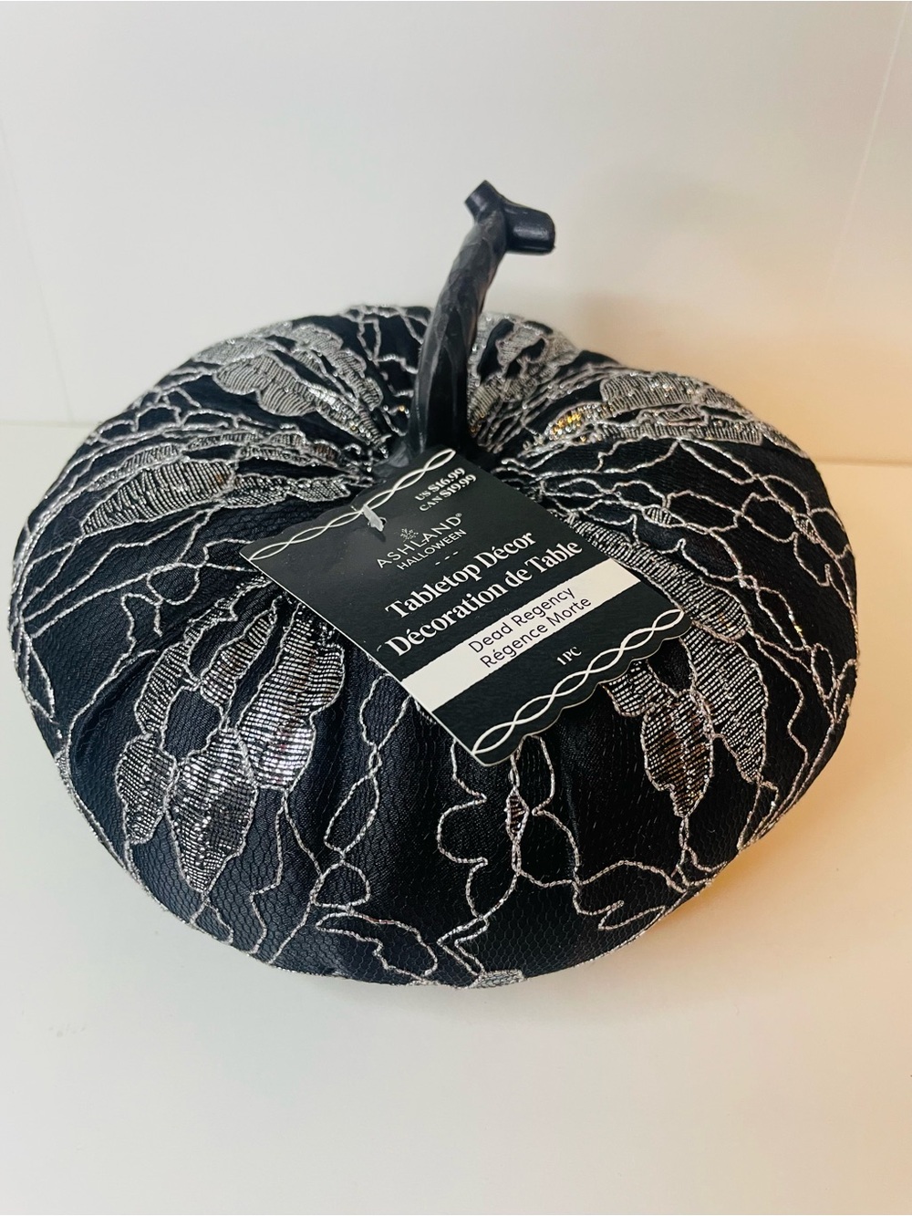 Black Pumpkin with Silver Lace Embroidered Leaf Design